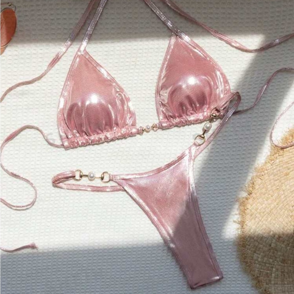 Metallic halter triangle bikini set